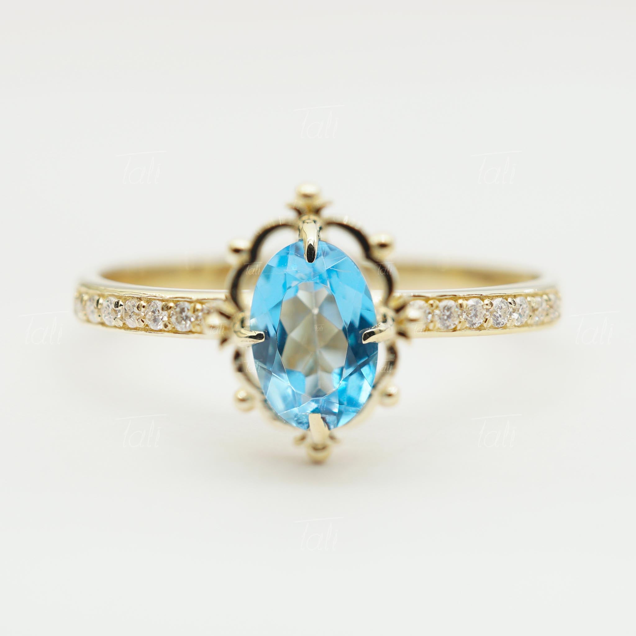 Hera Vintage Swiss Blue Topaz Pırlanta Altın Yüzük