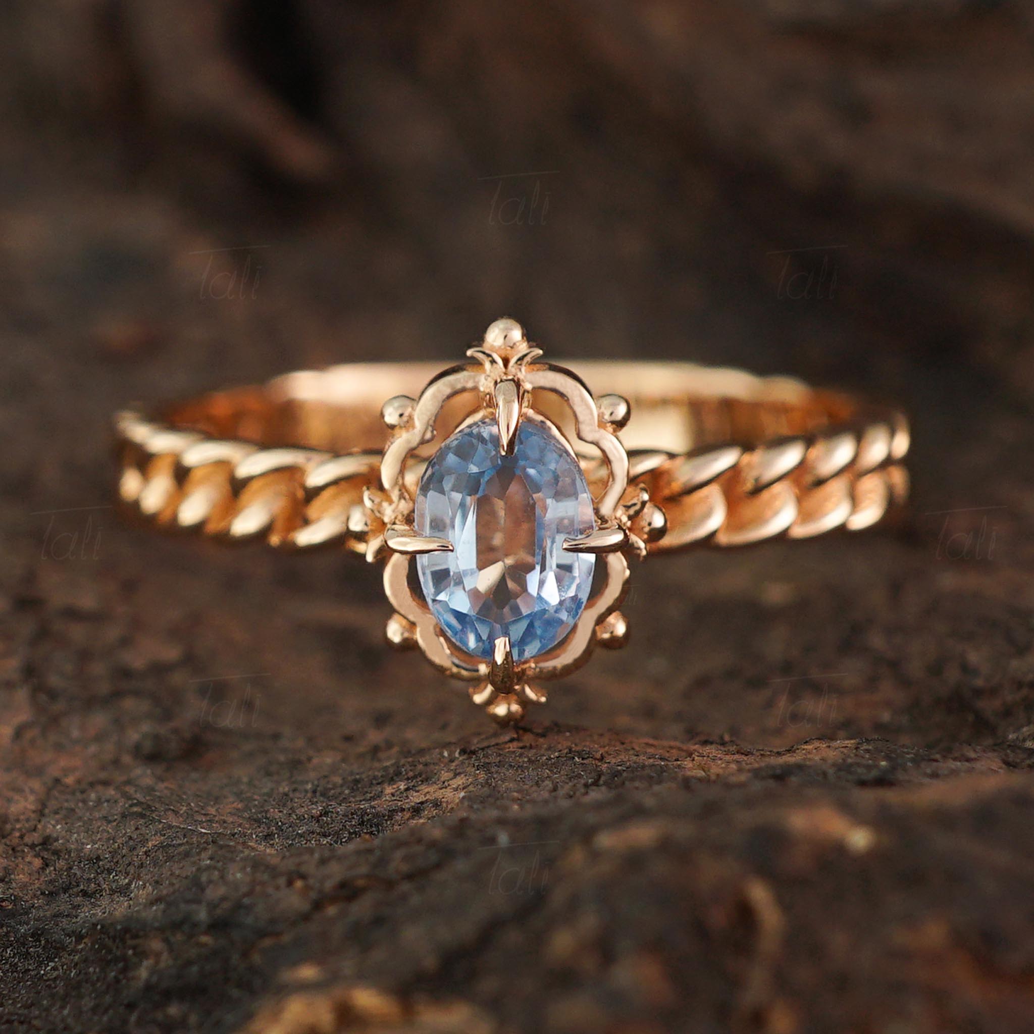 Liva Vintage Swiss Blue Topaz Tektaş Altın Yüzük