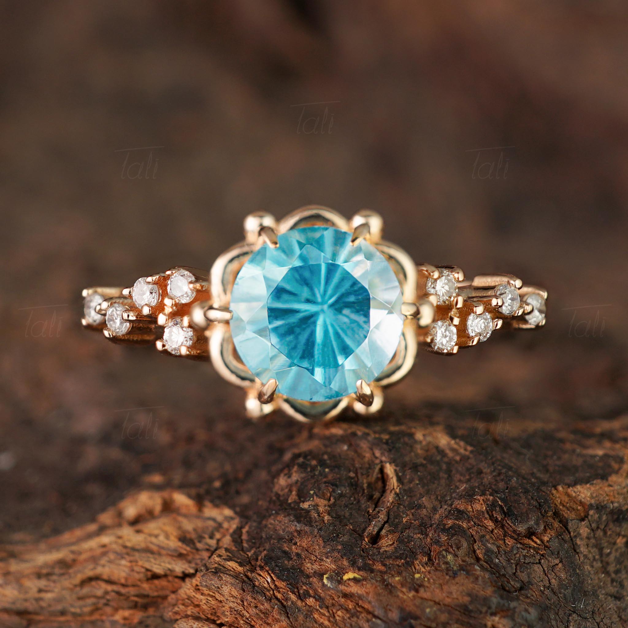 Lumin Vintage Swiss Blue Topaz Pırlanta Altın Yüzük