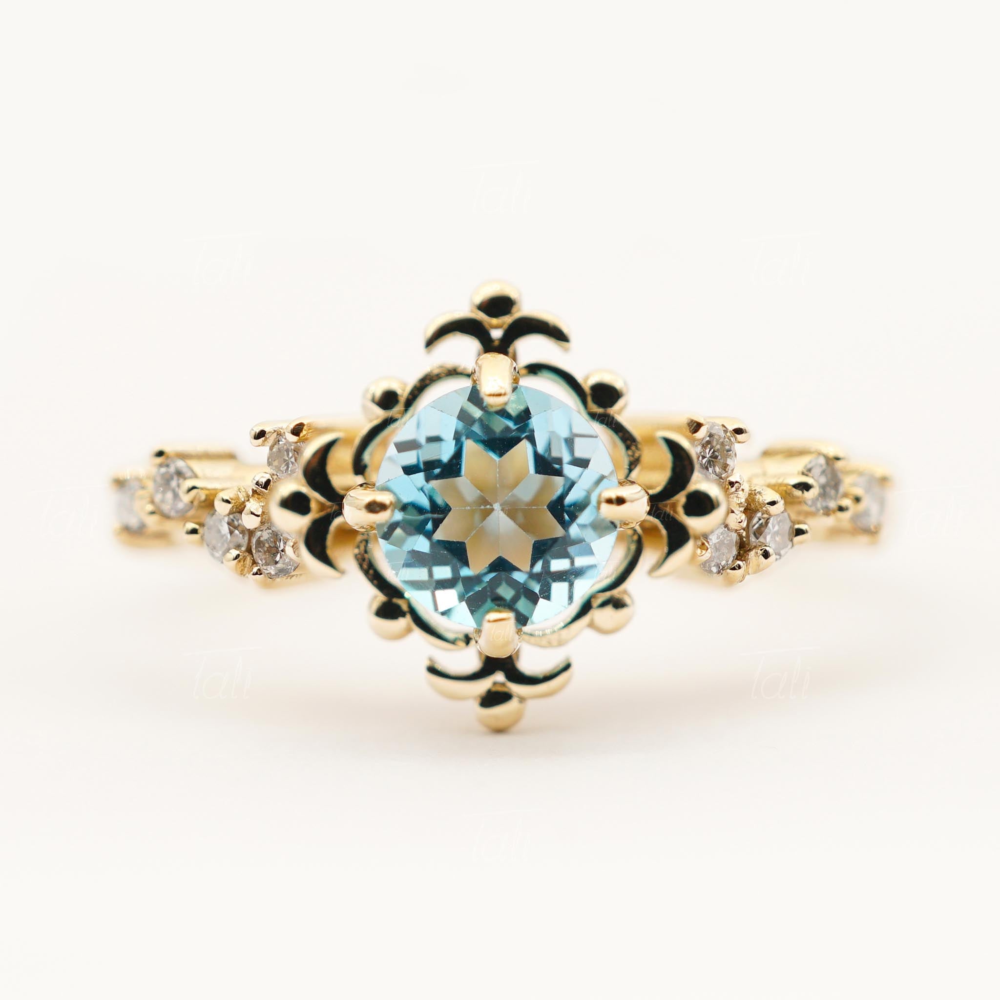 Luna Vintage Swiss Blue Topaz Pırlanta Altın Yüzük