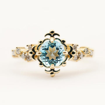 Luna Vintage Swiss Blue Topaz Pırlanta Altın Yüzük